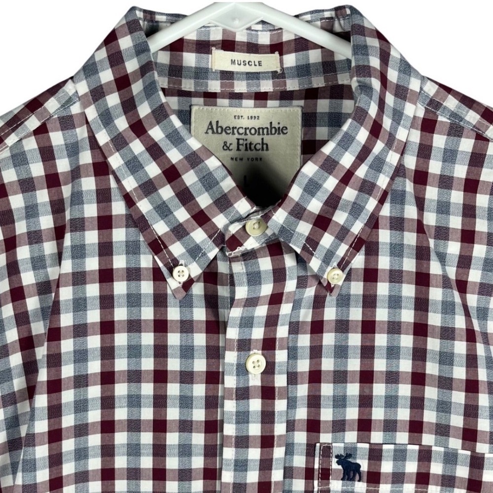 Abercrombie &‎ Fitch Button Down Shirt Mens Large Maroon Gingham Muscle Fit L/S